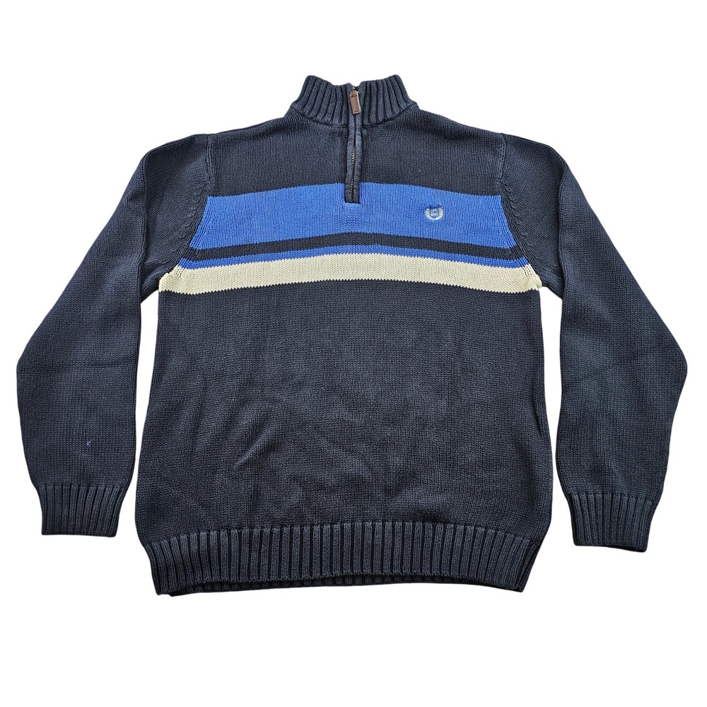 Chaps Sweater‎ Mens Medium Navy Blue Knit Stripe Classic Fit Long Sleeve 1/4 Zip